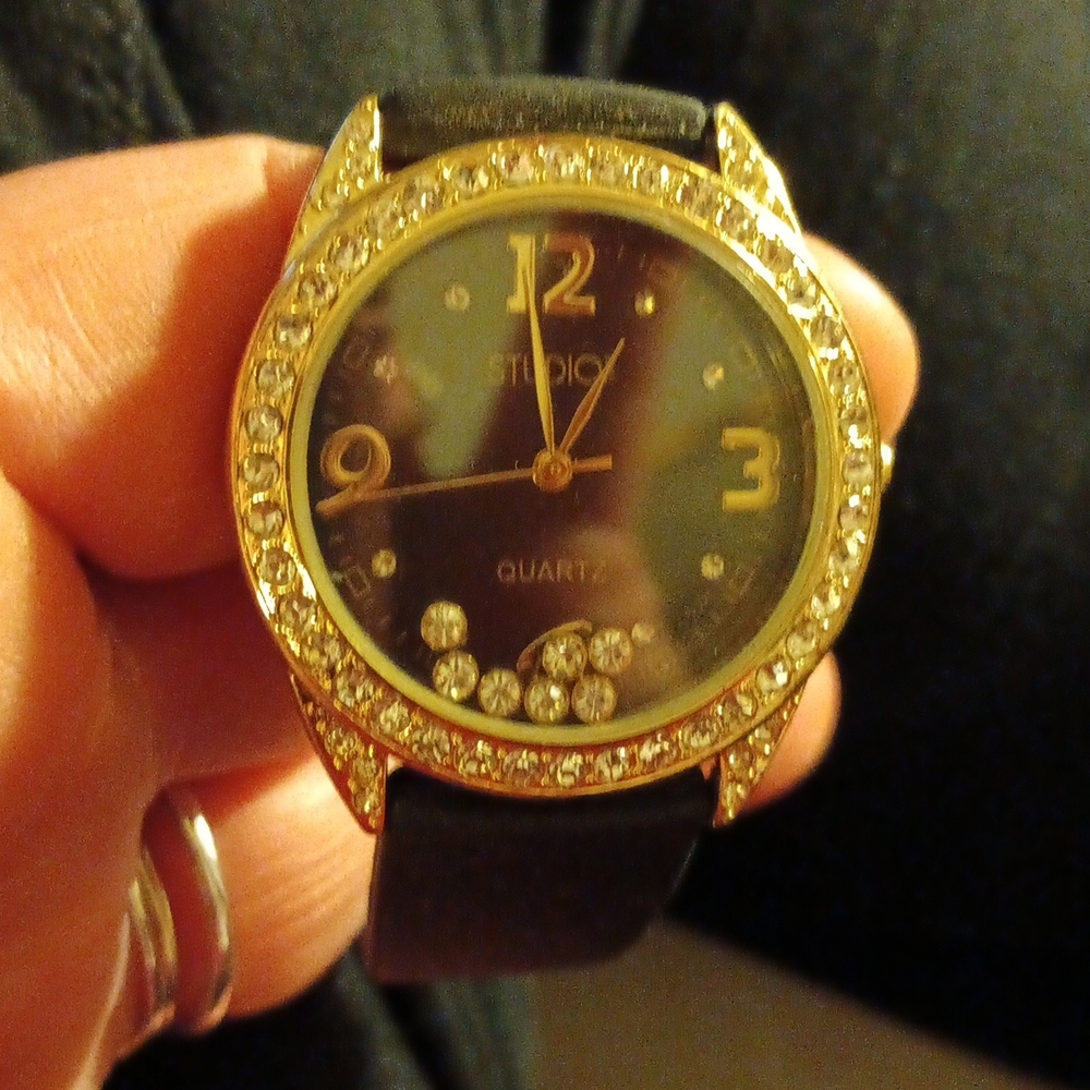 Studio Floating Crystal Watch, black rubber type band.